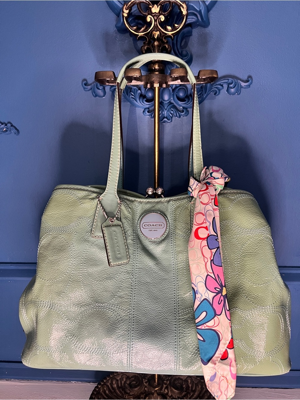 Coach Mint Green Leather Shoulder Bag with Floral Scarf